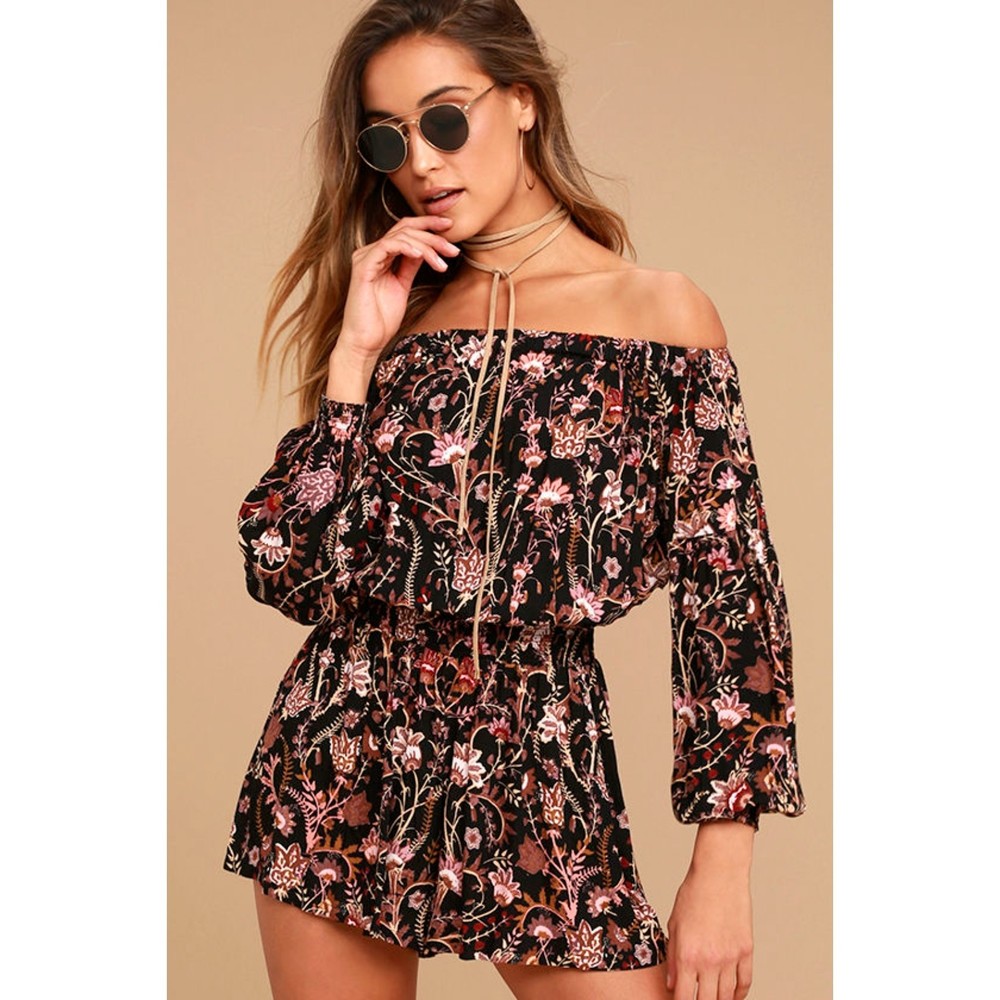 FREE PEOPLE Pretty and Free Black Floral Print Boho Romper size S